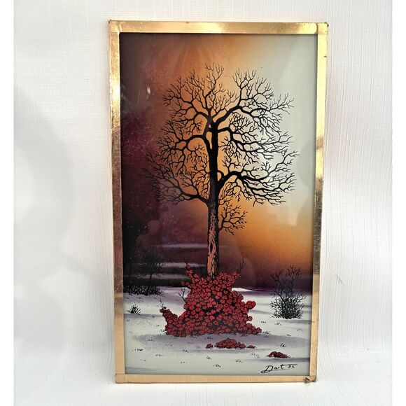 1980s Vintage Reverse Print on Glass Artist Signed Dart Tree Flowers Sunset - Picture 1 of 4